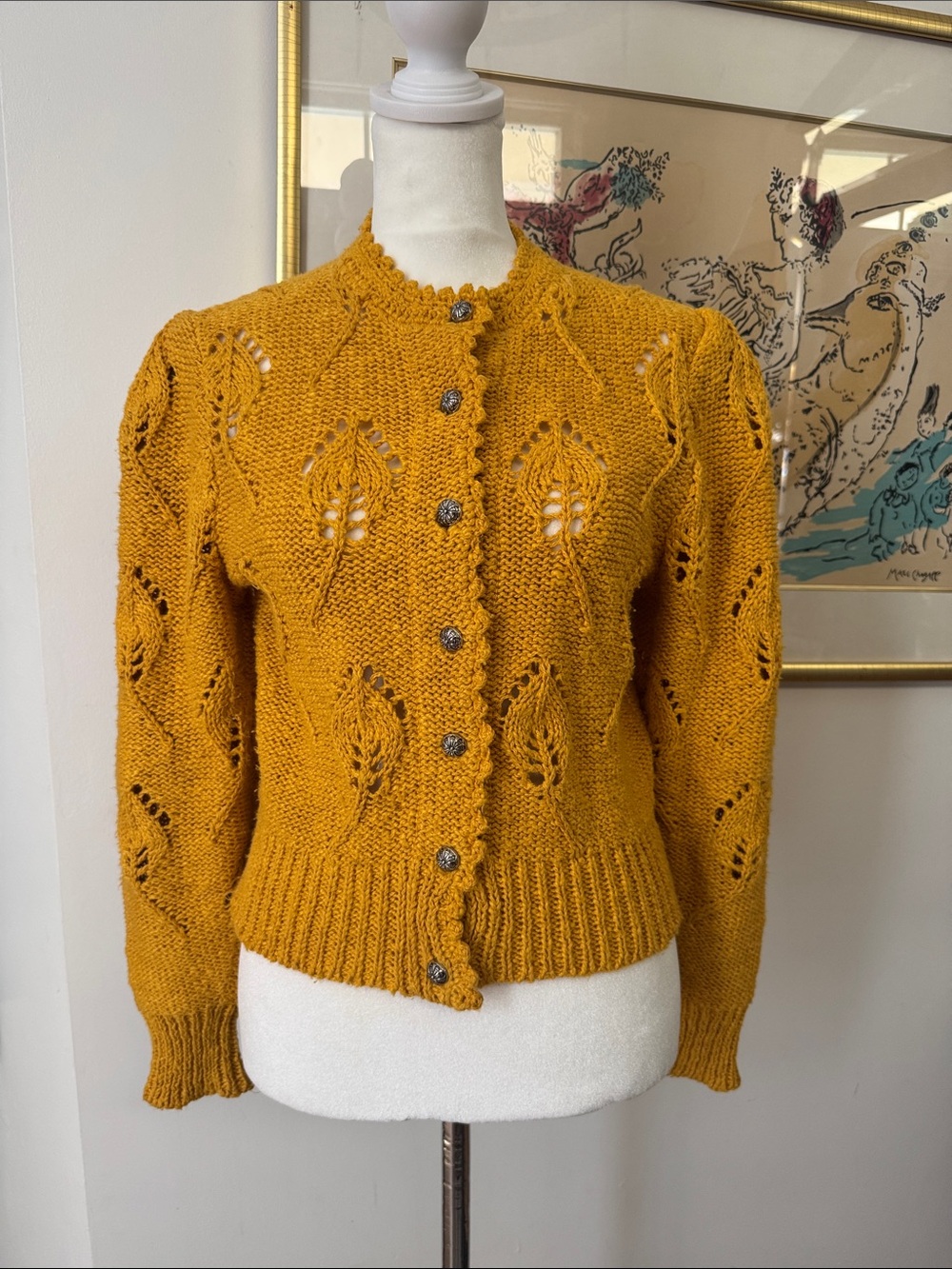 Vintage Alpine Austrian mustard yellow trachten puff shoulders cardigan Salzburg